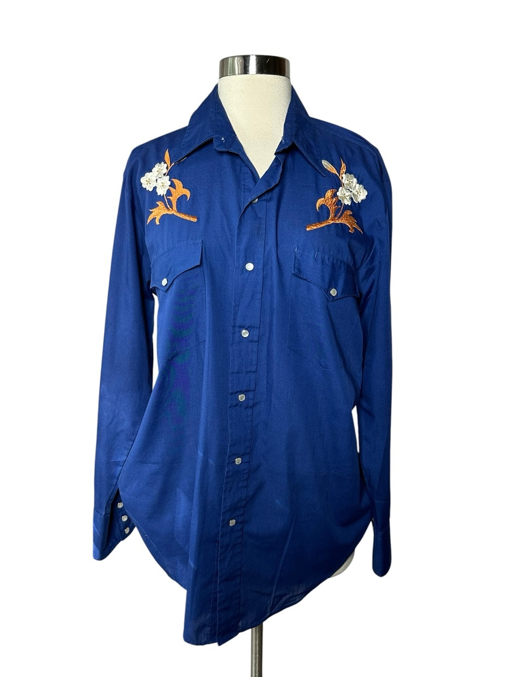 Vintage Karman Blue Western Bone Snap Long Sleeve Button Front Shirt L